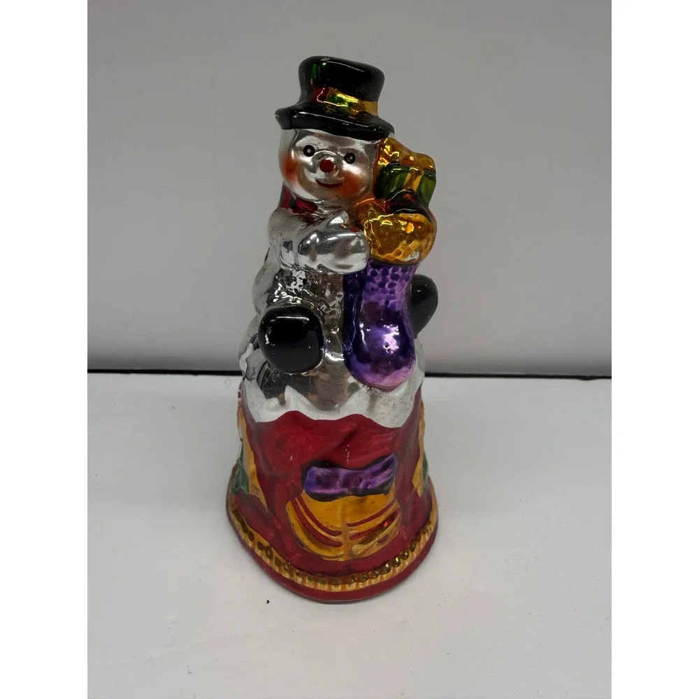Vintage Mercury Glass Snowman Christmas Bell Hand Painted Holiday Decor 7 Inch